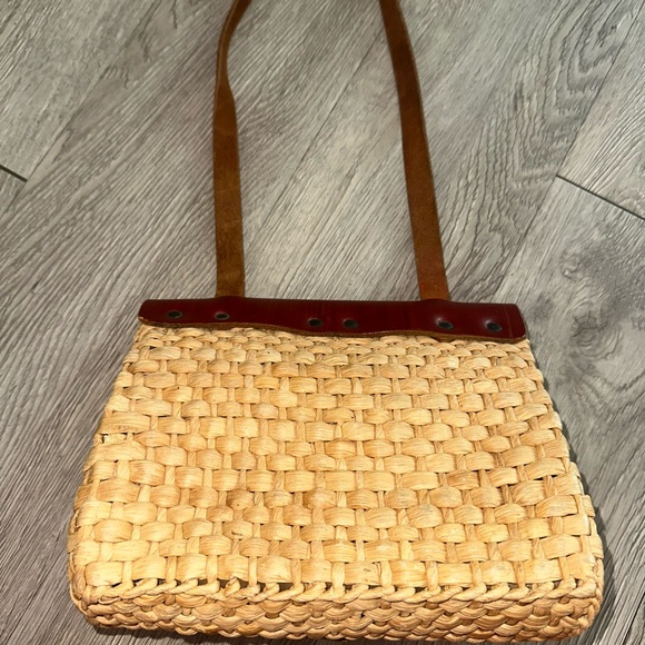 Vintage Straw and Burnt Red Leather Horse Decal Handbag Purse - Picture 7 of 10